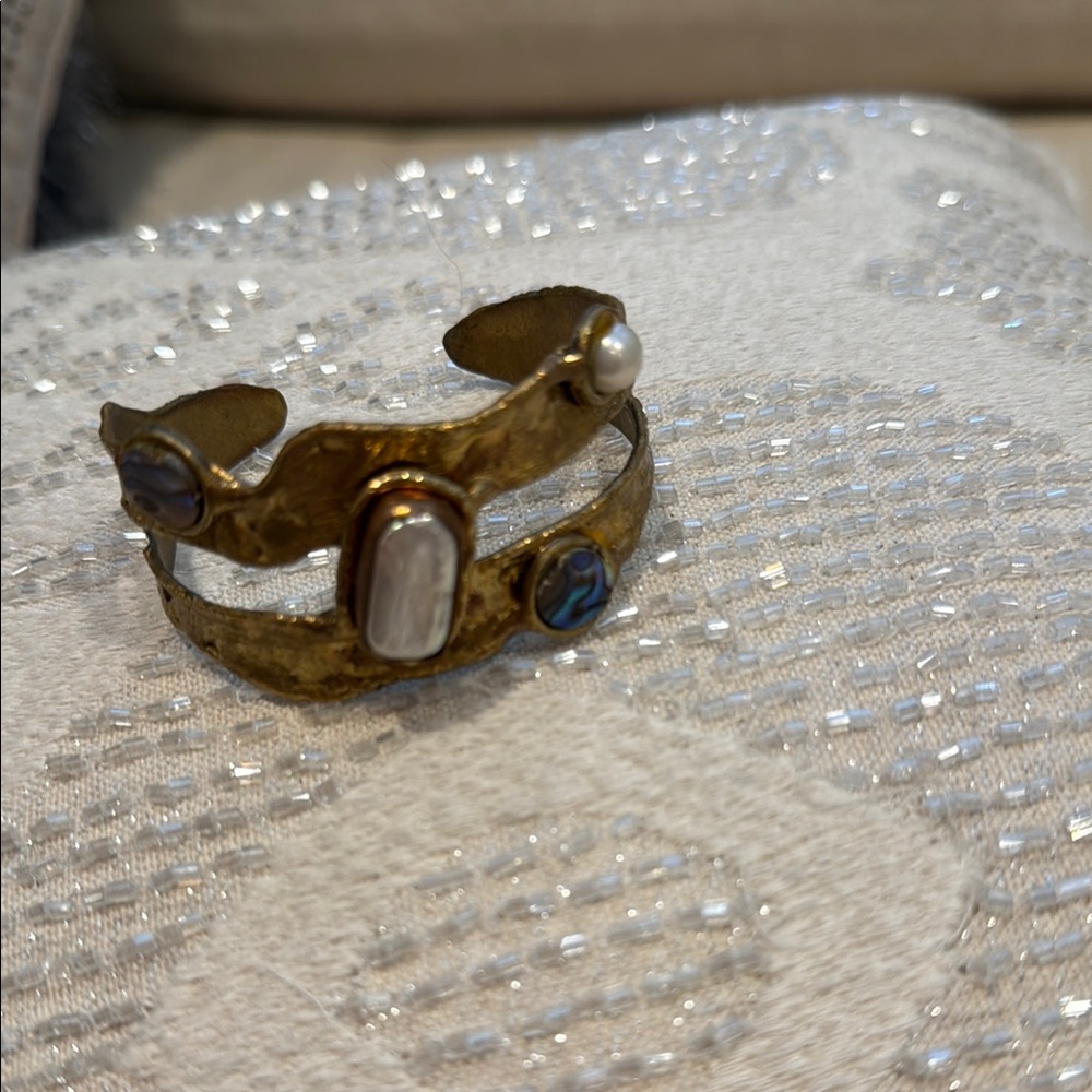 Gold and White Cuff Bracelet with Opalescent Stone